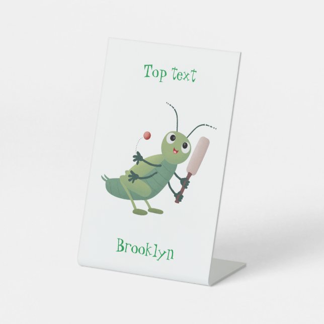 Cute green cricket insect cartoon illustration pedestal sign (Front)