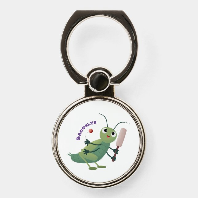 Cute green cricket insect cartoon illustration phone ring stand (Front)