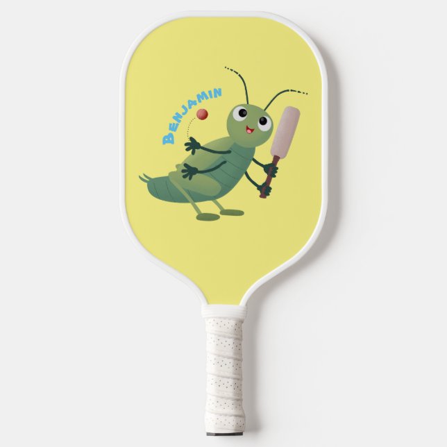 Cute green cricket insect cartoon illustration  pickleball paddle (Front)