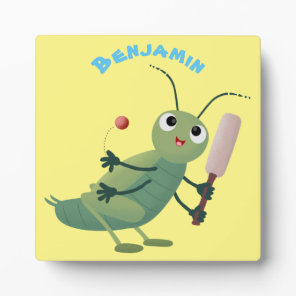 Cute green cricket insect cartoon illustration plaque