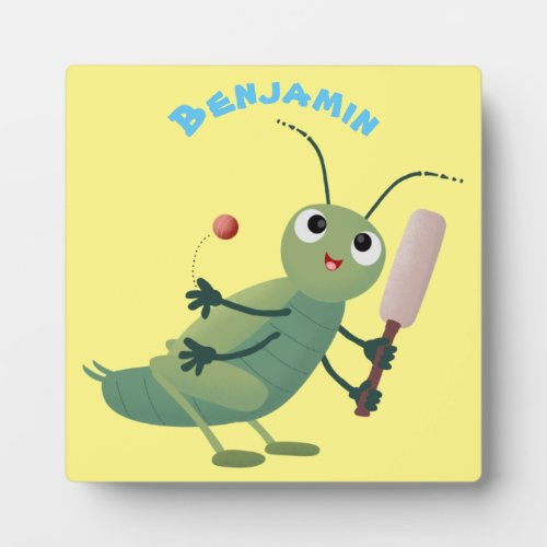 Cute green cricket insect cartoon illustration plaque