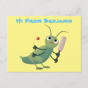 Cute green cricket insect cartoon illustration postcard