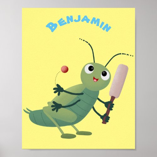 Cute green cricket insect cartoon illustration poster