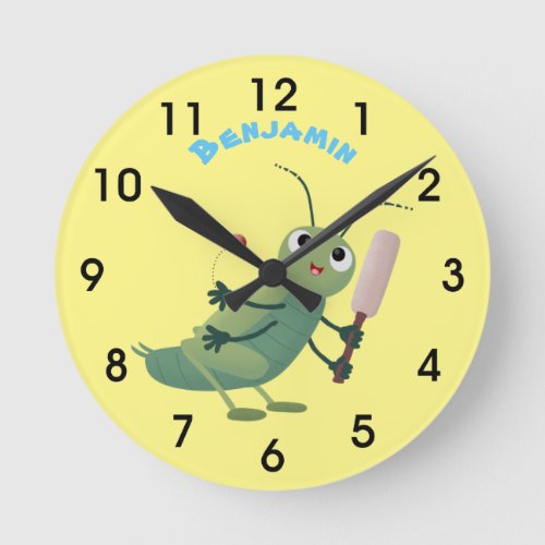 Cute green cricket insect cartoon illustration round clock