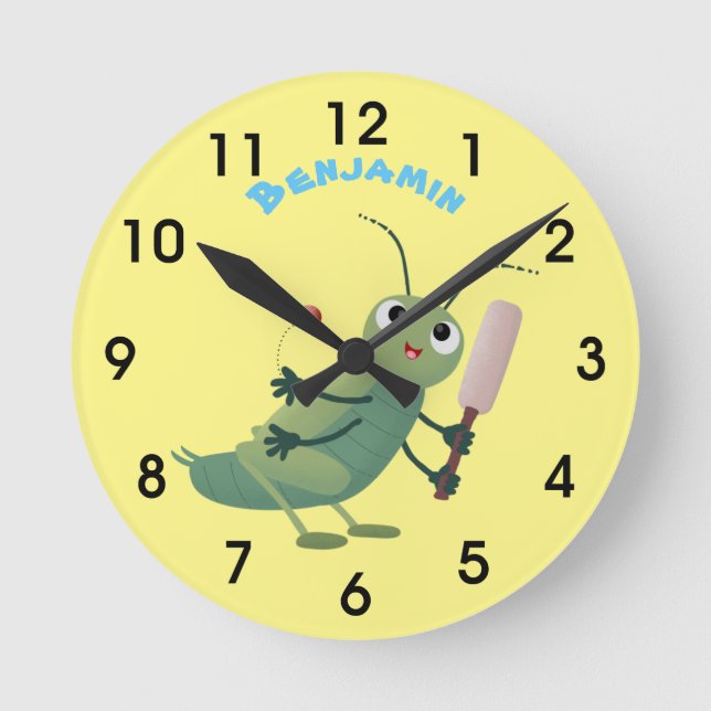 Cute green cricket insect cartoon illustration round clock (Front)