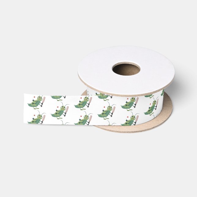 Cute green cricket insect cartoon illustration satin ribbon (Spool)