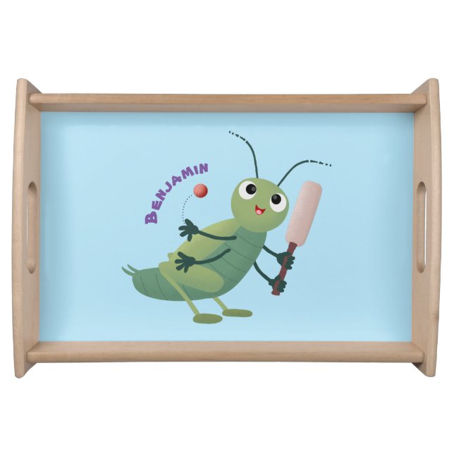 Cute green cricket insect cartoon illustration serving tray (Front)