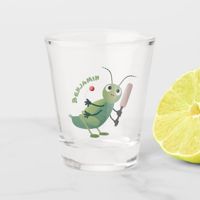 Cute green cricket insect cartoon illustration shot glass (Front)
