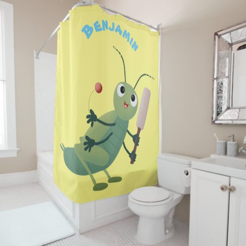 Cute green cricket insect cartoon illustration shower curtain