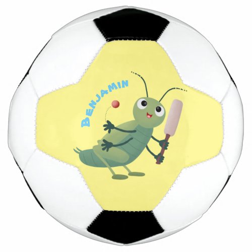 Cute green cricket insect cartoon illustration soccer ball