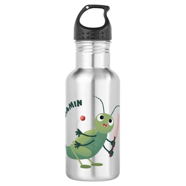 Cute green cricket insect cartoon illustration stainless steel water bottle (Front)