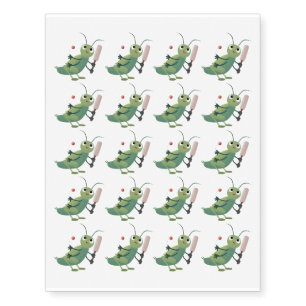Cute green cricket insect cartoon illustration temporary tattoos
