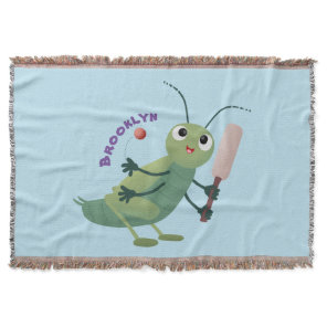 Cute green cricket insect cartoon illustration throw blanket