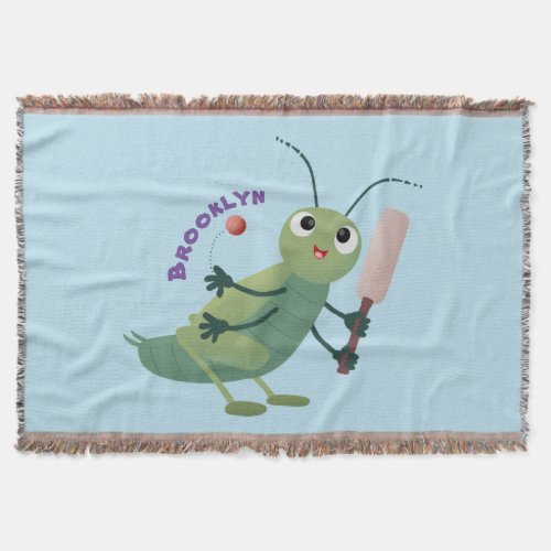 Cute green cricket insect cartoon illustration throw blanket