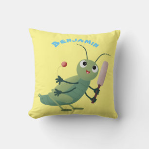 Cute green cricket insect cartoon illustration throw pillow