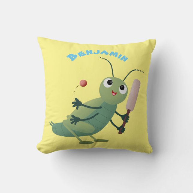 Cute green cricket insect cartoon illustration throw pillow (Front)