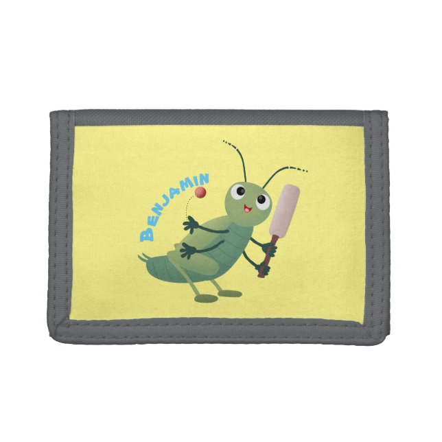 Cute green cricket insect cartoon illustration trifold wallet (Front)