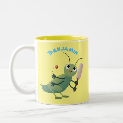 Cute green cricket insect cartoon illustration Two_Tone coffee mug