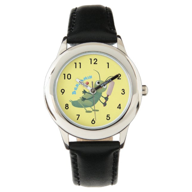 Cute green cricket insect cartoon illustration watch (Front)