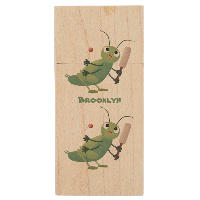 Cute green cricket insect cartoon illustration wood flash drive (Front Vertical)