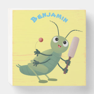 Cute green cricket insect cartoon illustration wooden box sign