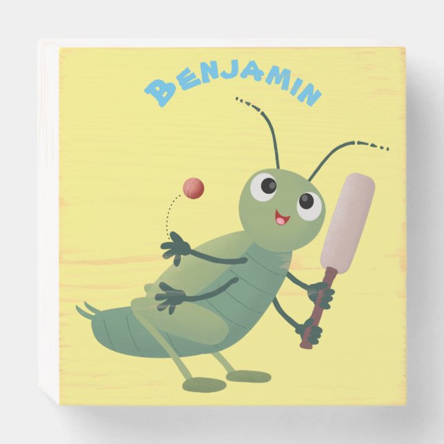 Cute green cricket insect cartoon illustration wooden box sign (Front Horizontal)