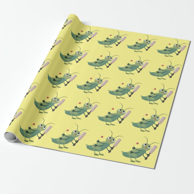 Cute green cricket insect cartoon illustration wrapping paper (Unrolled)