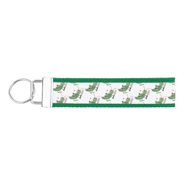 Cute green cricket insect cartoon illustration wrist keychain (Keys on Left)
