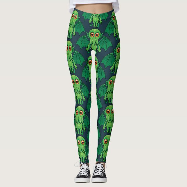 Cute Green Cthulhu Monster Leggings (Front)