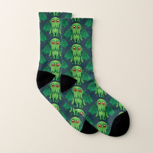 Cute Green Cthulhu Monster Socks