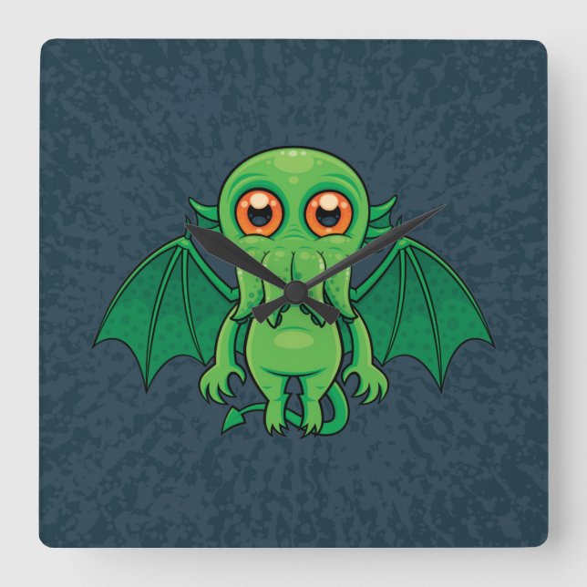 Cute Green Cthulhu Monster Square Wall Clock (Front)