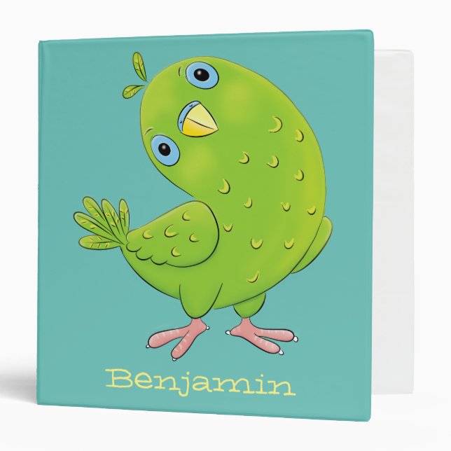 Cute green curious parakeet cartoon illustration 3 ring binder (Front/Inside)
