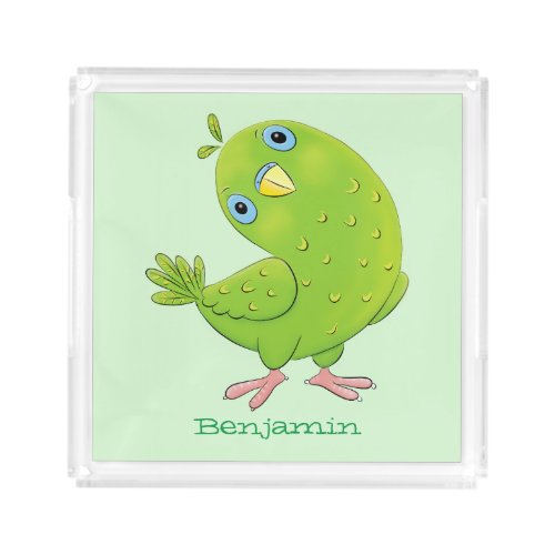 Cute green curious parakeet cartoon illustration acrylic tray