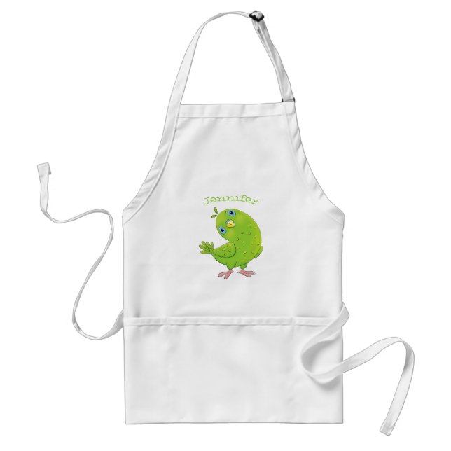 Cute green curious parakeet cartoon illustration adult apron (Front)