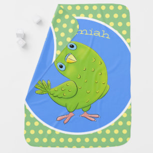 Cute green curious parakeet cartoon illustration baby blanket