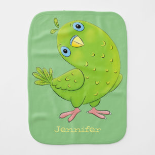 Cute green curious parakeet cartoon illustration baby burp cloth