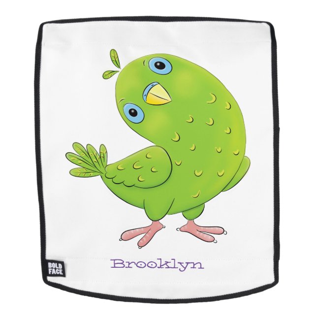 Cute green curious parakeet cartoon illustration backpack (Removable Face)