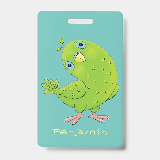 Cute green curious parakeet cartoon illustration badge (Front)