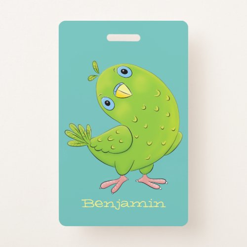 Cute green curious parakeet cartoon illustration badge