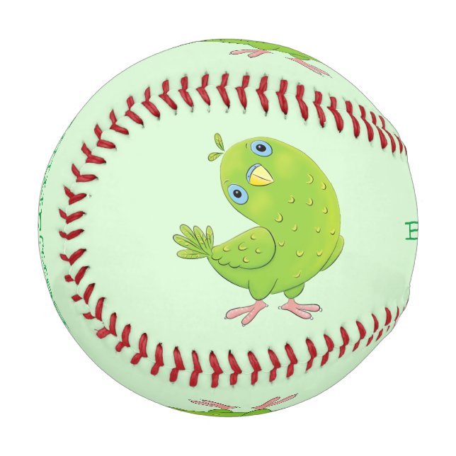 Cute green curious parakeet cartoon illustration baseball (Front Left)
