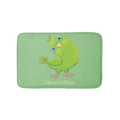 Cute green curious parakeet cartoon illustration bath mat