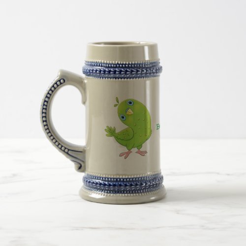 Cute green curious parakeet cartoon illustration beer stein