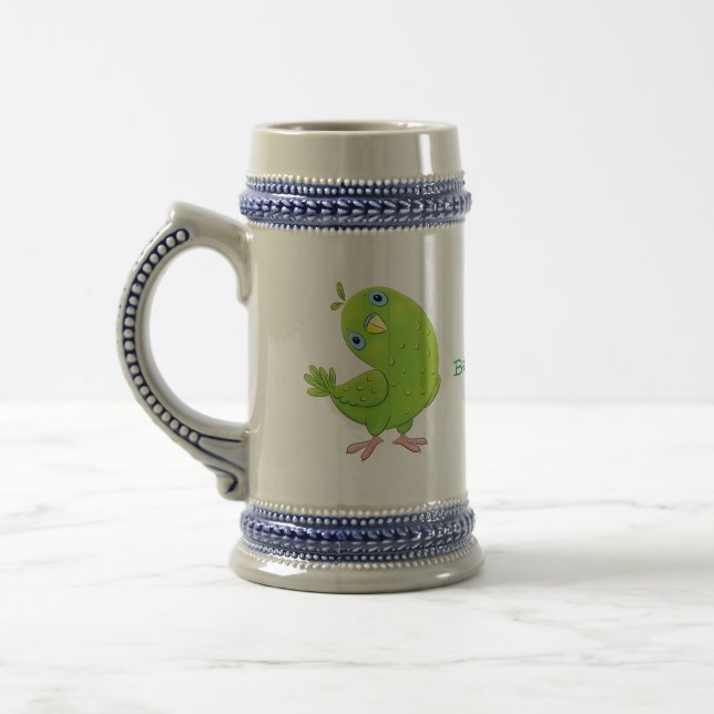 Cute green curious parakeet cartoon illustration beer stein (Left)