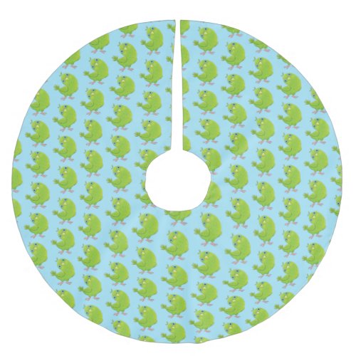 Cute green curious parakeet cartoon illustration brushed polyester tree skirt