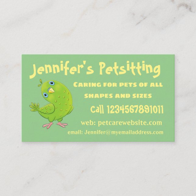 Cute green curious parakeet cartoon illustration business card (Front)
