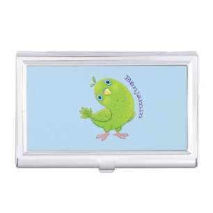 Cute green curious parakeet cartoon illustration business card case