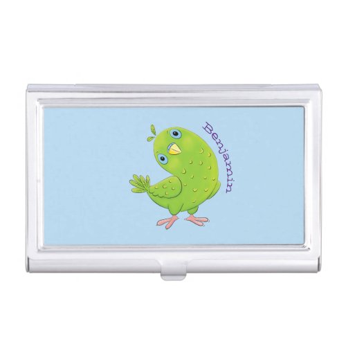 Cute green curious parakeet cartoon illustration business card case