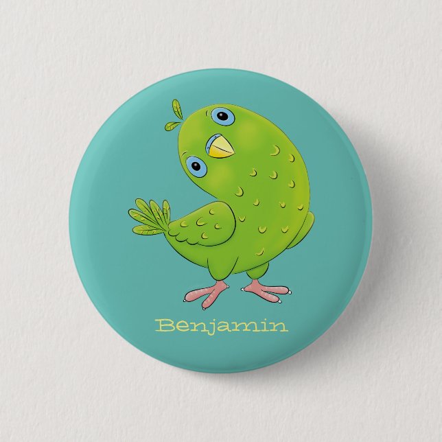 Cute green curious parakeet cartoon illustration button (Front)