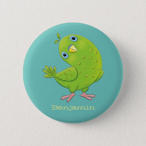 Cute green curious parakeet cartoon illustration button