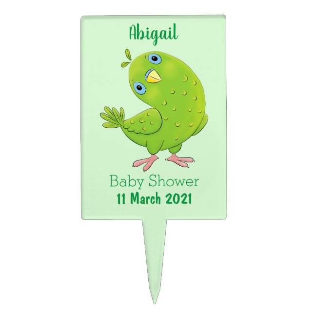 Cute green curious parakeet cartoon illustration cake topper (Front)